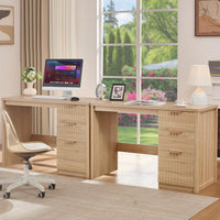 Two-piece configuration of natural wood desks with fluted drawer cabinets and metal handles