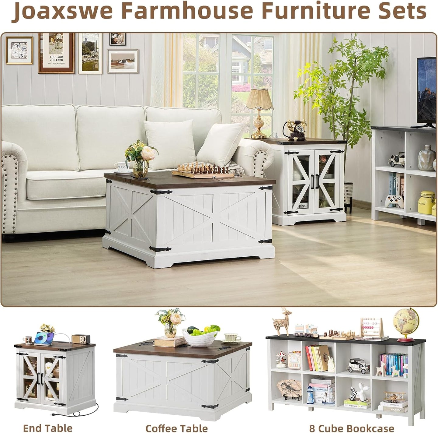 White farmhouse coffee table with flip-top lid, shown with matching end table and bookcase
