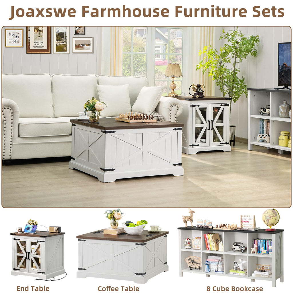 White square coffee table with hinged lift top and hidden storage, shown in living room