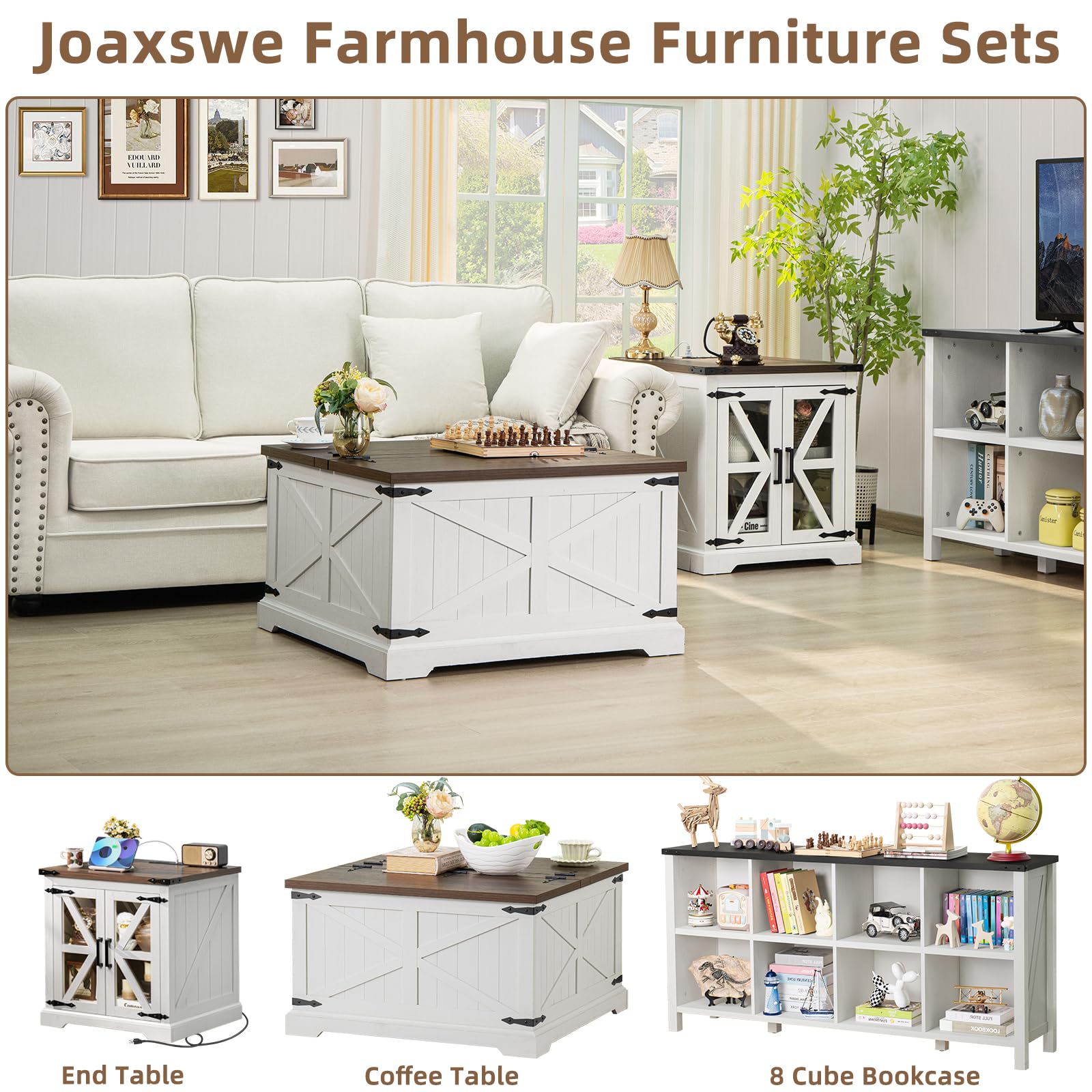 White square coffee table with hinged lift top and hidden storage, shown in living room