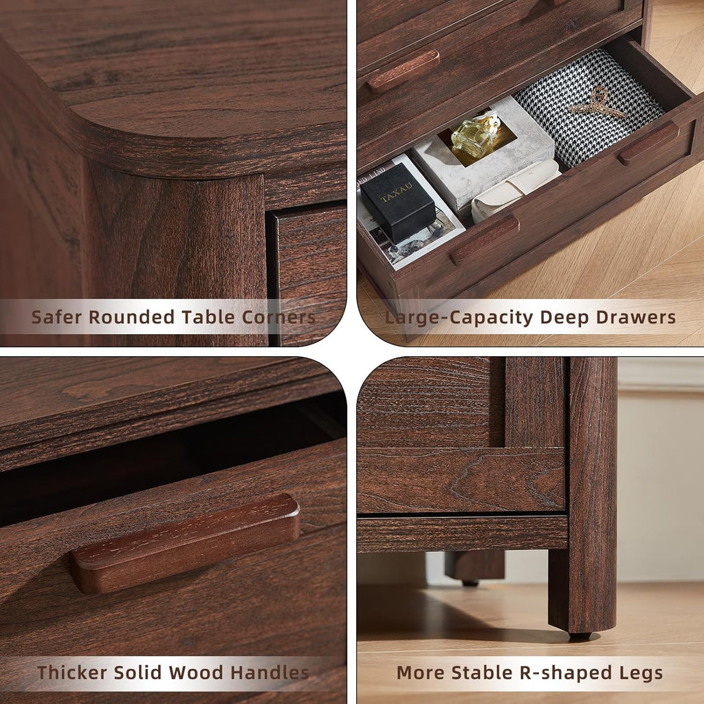 Walnut dresser detail: rounded corners, thicker handles, and stable R-shaped legs