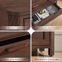 Walnut dresser detail: rounded corners, thicker handles, and stable R-shaped legs