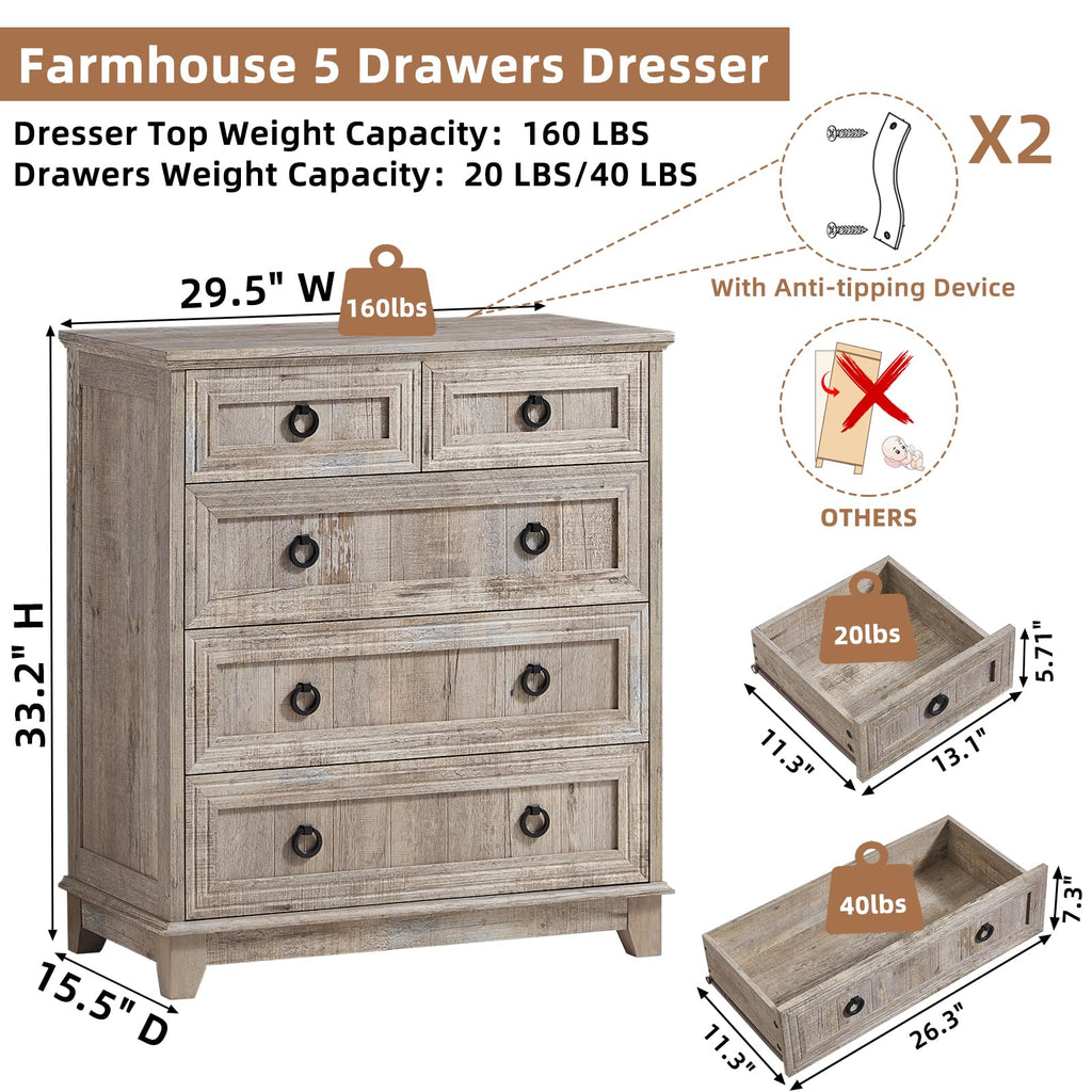 Gray farmhouse 5-drawer dresser with metal knobs and wide top, anti-tipping design