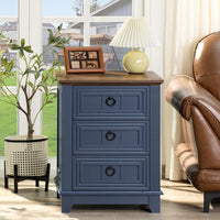 Navy nightstand with wood top and three drawers with round metal pulls