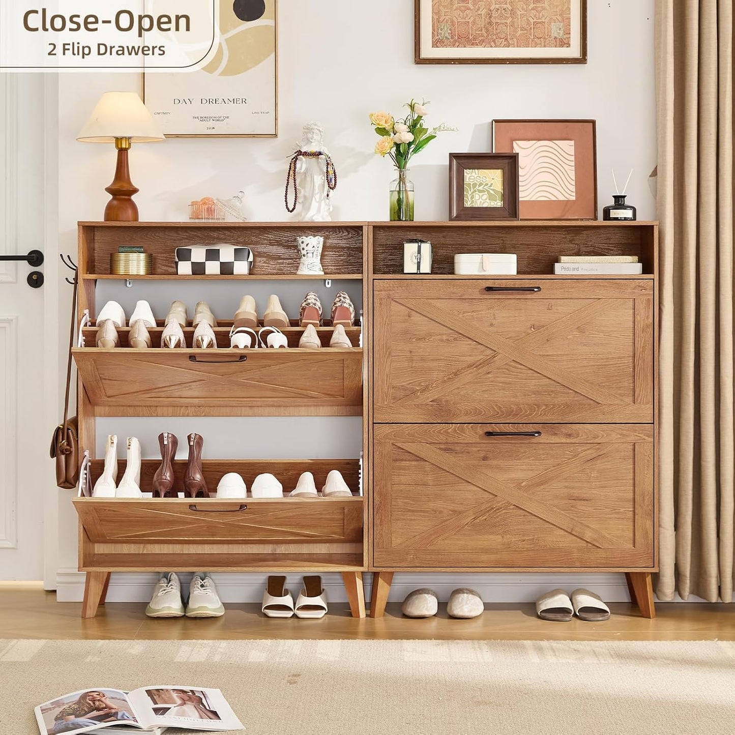 Wood shoe storage cabinet with open shelves and a two-flip-drawer cabinet section