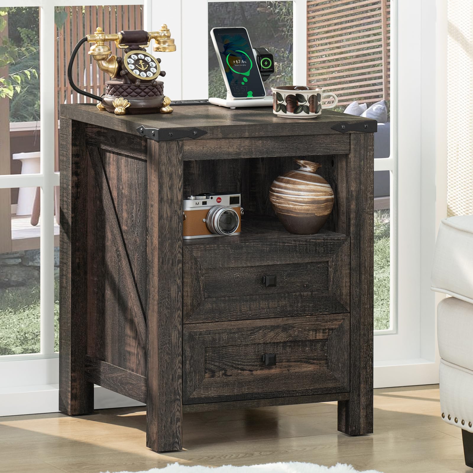Dark brown wood farmhouse nightstand with charging top, two drawers, and open shelf