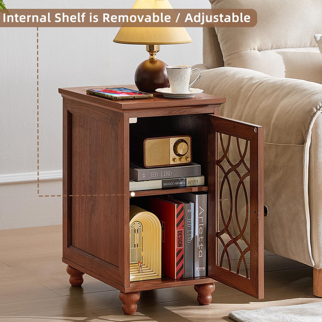 Narrow side table with open storage cabinet, adjustable shelf inside and glass door.