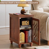 Narrow side table with open storage cabinet, adjustable shelf inside and glass door.