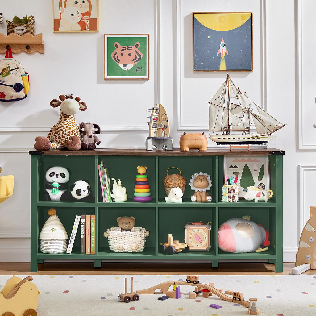 Green kids storage bookcase with open cubbies and shelves displaying toys and books