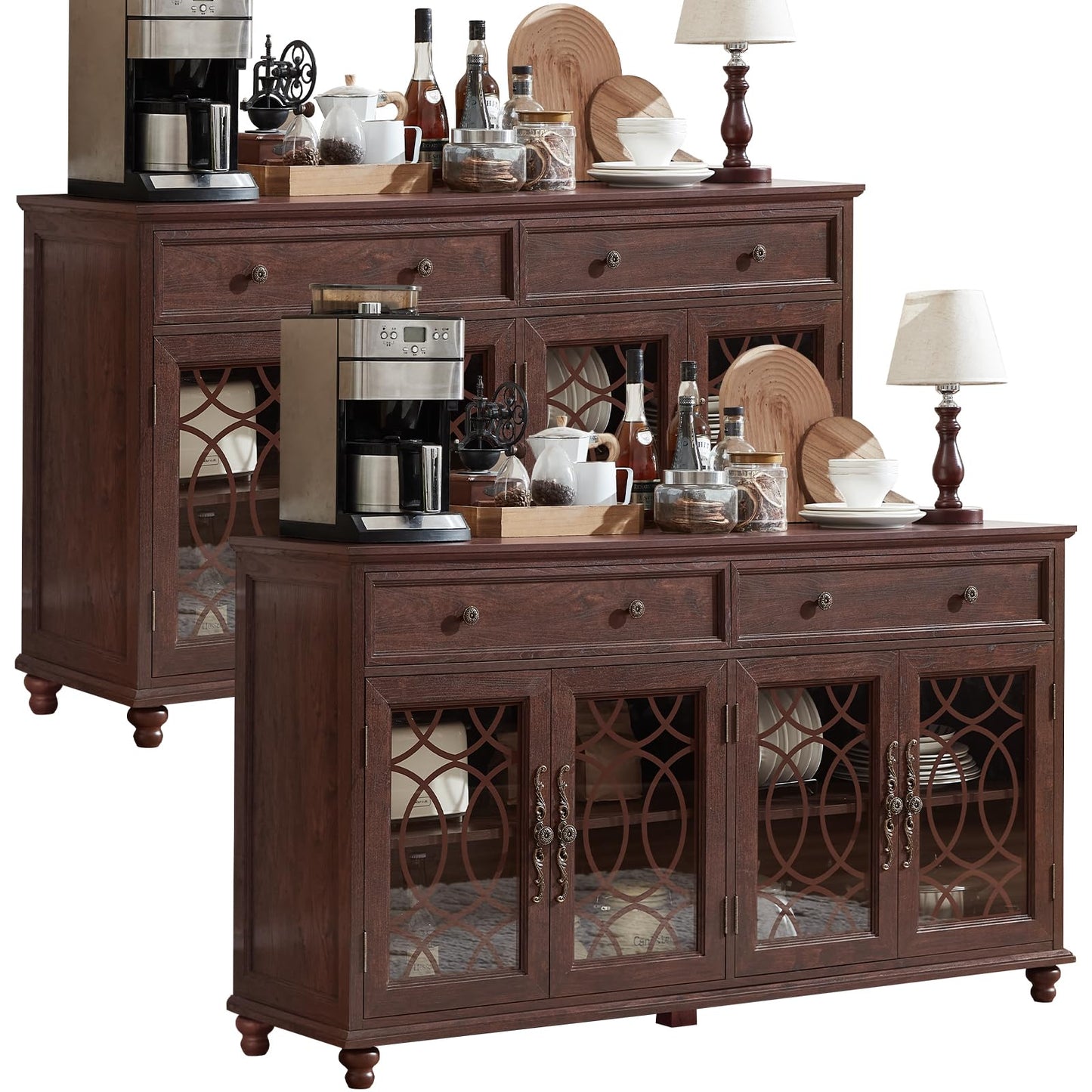 Brown farmhouse sideboard buffet cabinet with glass-pane doors and drawers