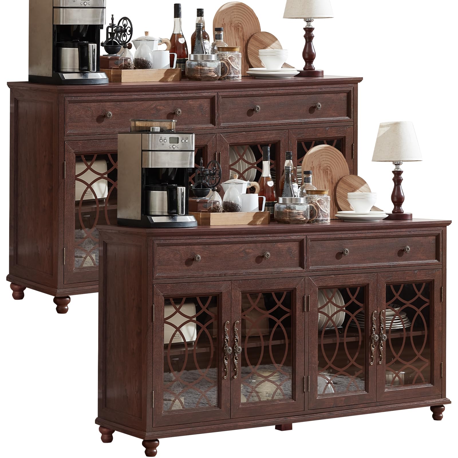 Dark brown sideboard buffet cabinet with four glass doors and two drawers