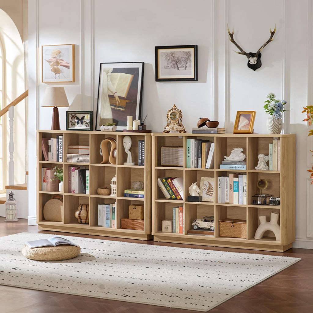 Natural oak cube storage book shelf with open cubbies and wide console top