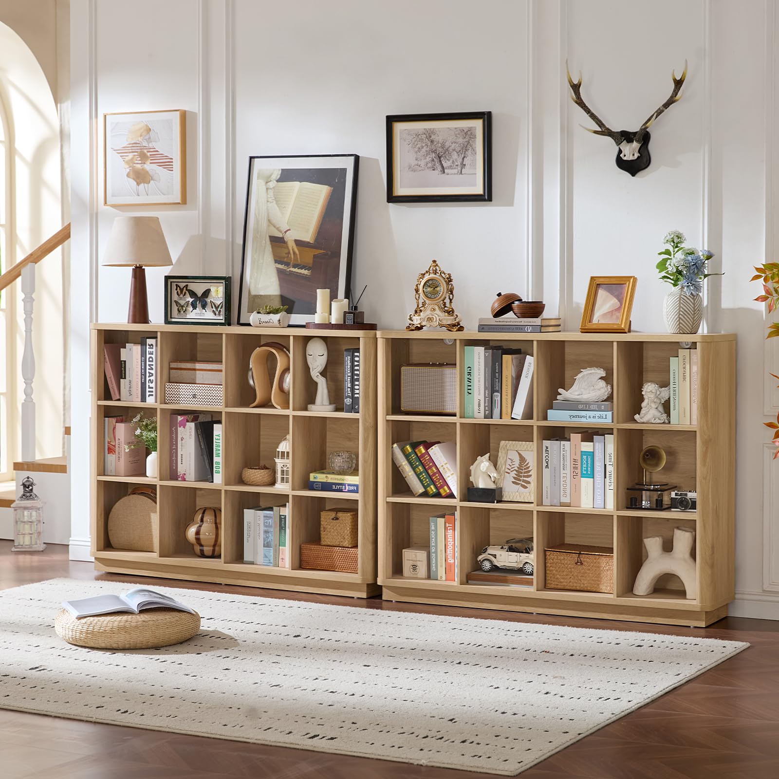 Natural oak cube storage book shelf with open cubbies and wide console top