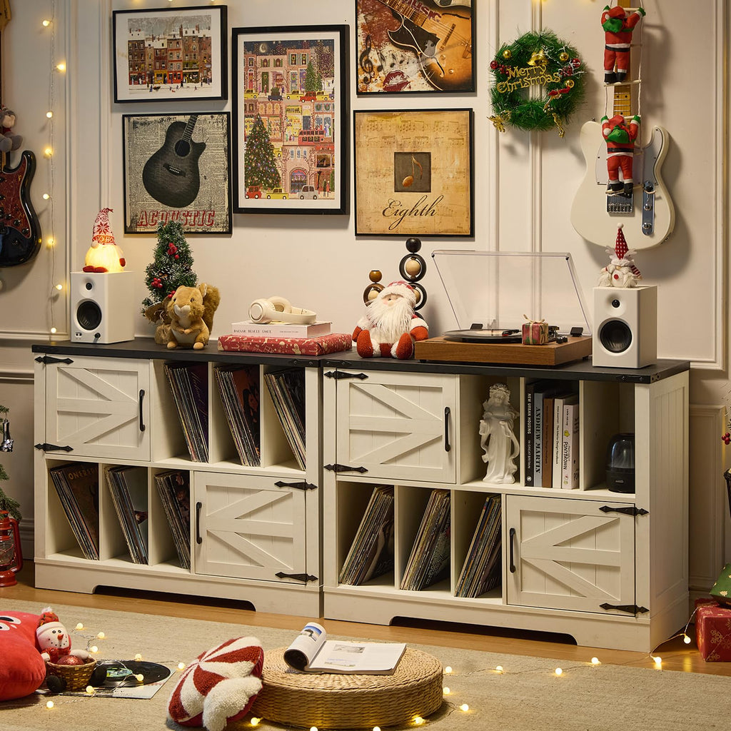 White record player cabinet with wood top, open shelves, and barn-style storage doors