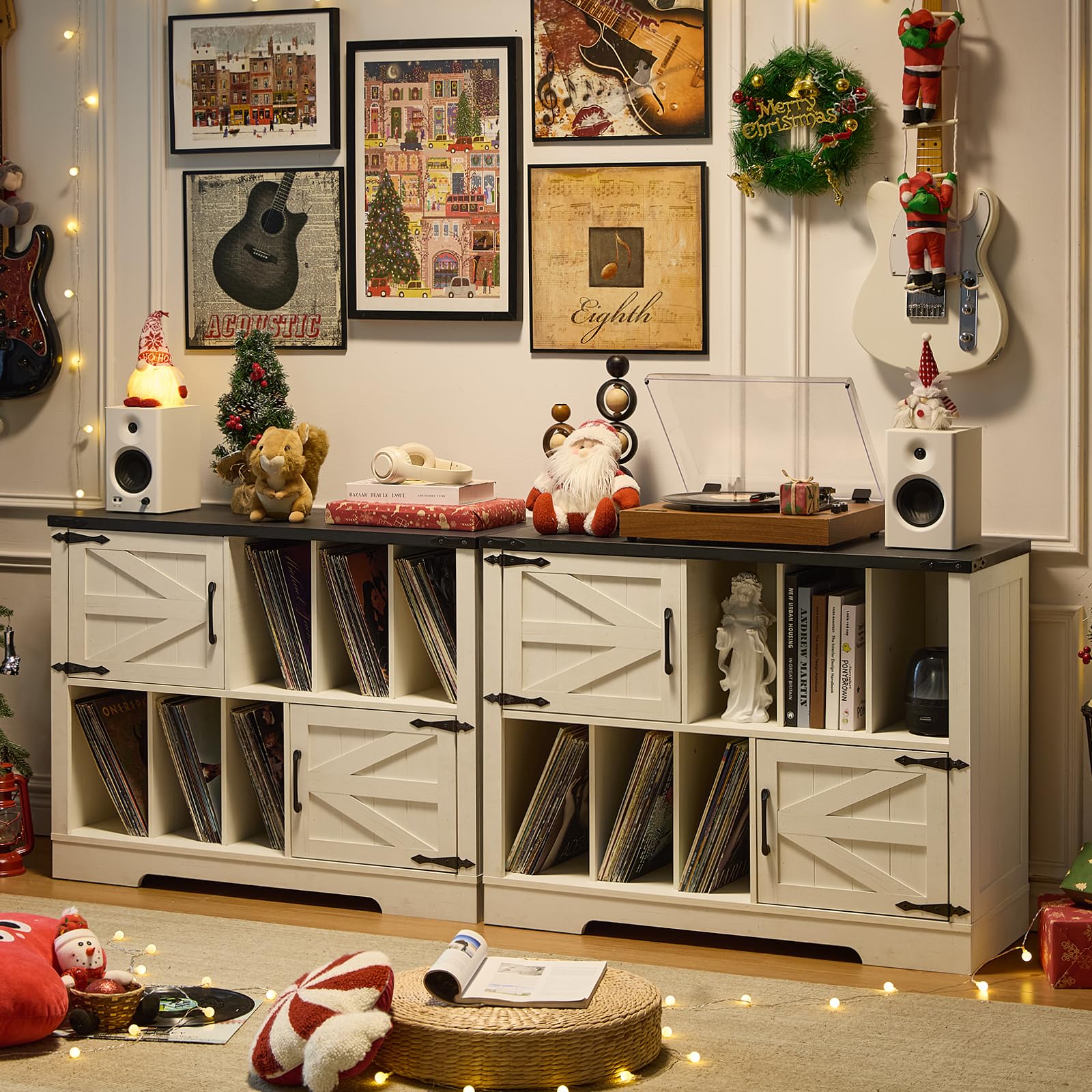 White record player cabinet with wood top, open shelves, and barn-style storage doors