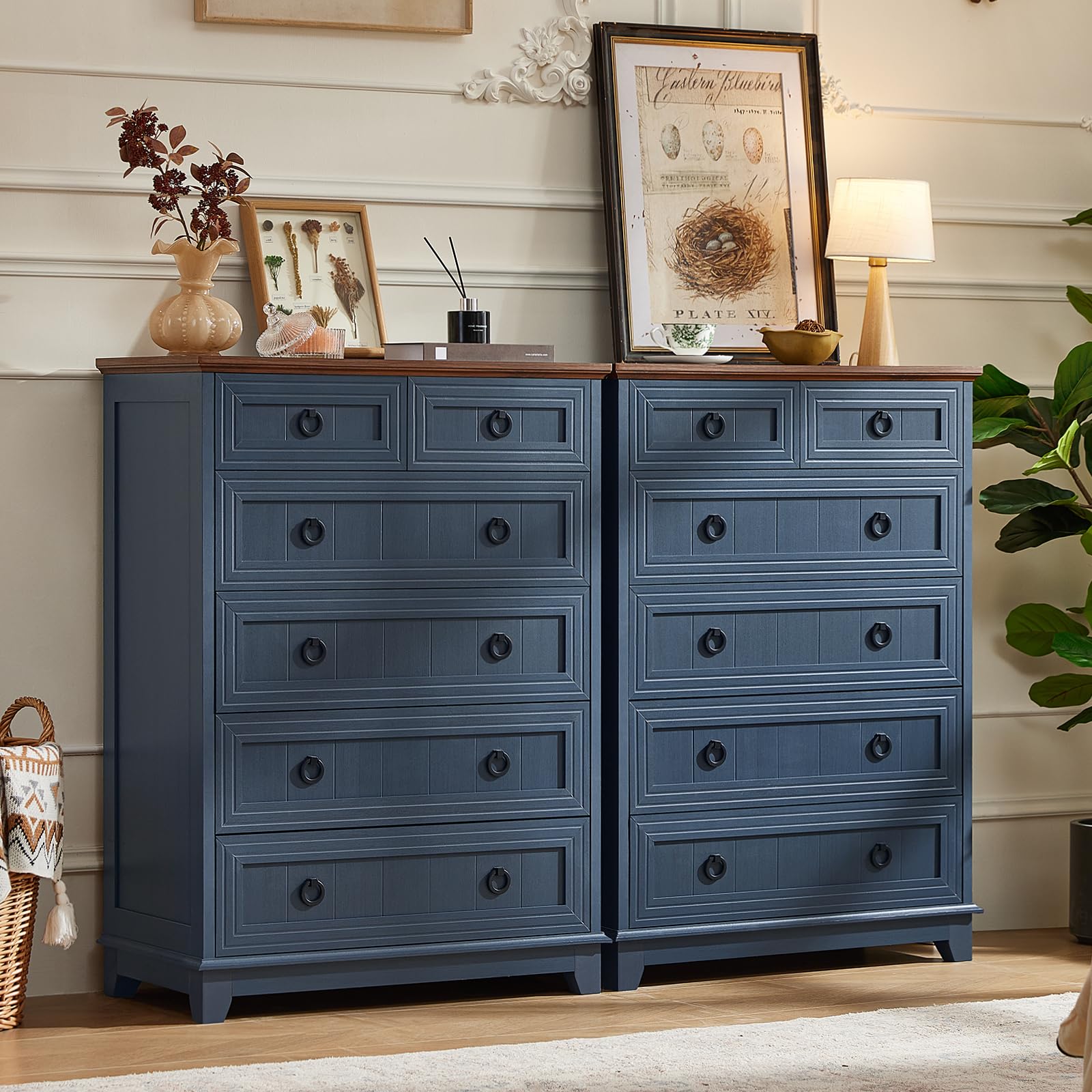Farmhouse 5-drawer dresser in navy blue with round metal drawer knobs and panel fronts
