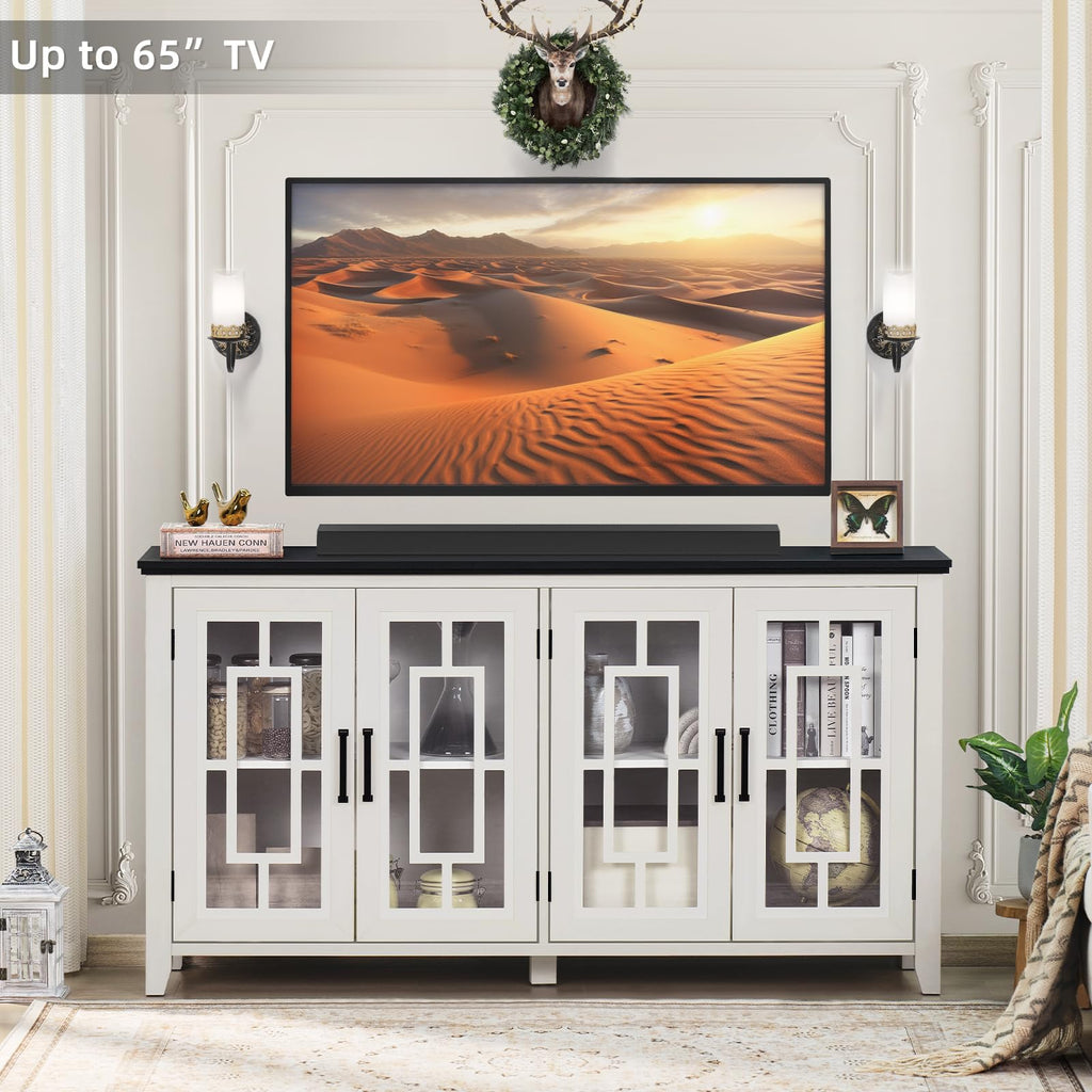 White sideboard buffet cabinet with glass-panel doors and black top surface