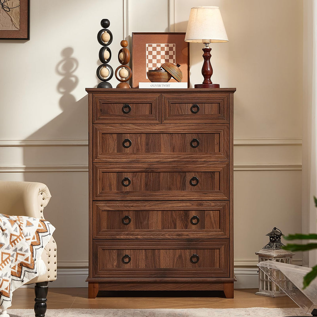 Farmhouse dresser, dark wood cabinet with five drawers and circular metal knobs