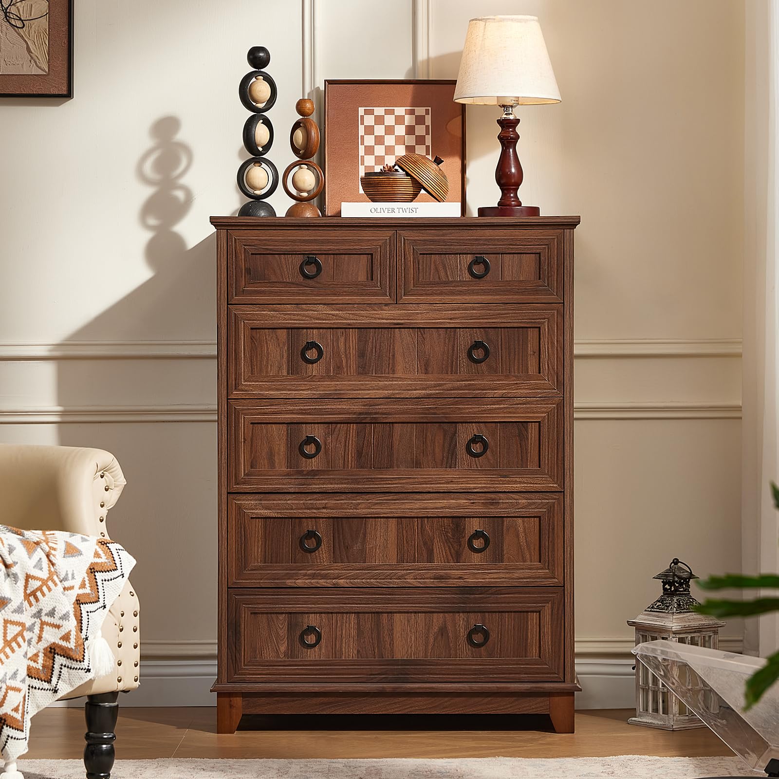 Farmhouse dresser, dark wood cabinet with five drawers and circular metal knobs