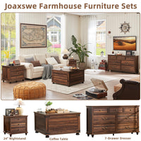 Farmhouse furniture set display with dark wood dresser, coffee table, and side tables