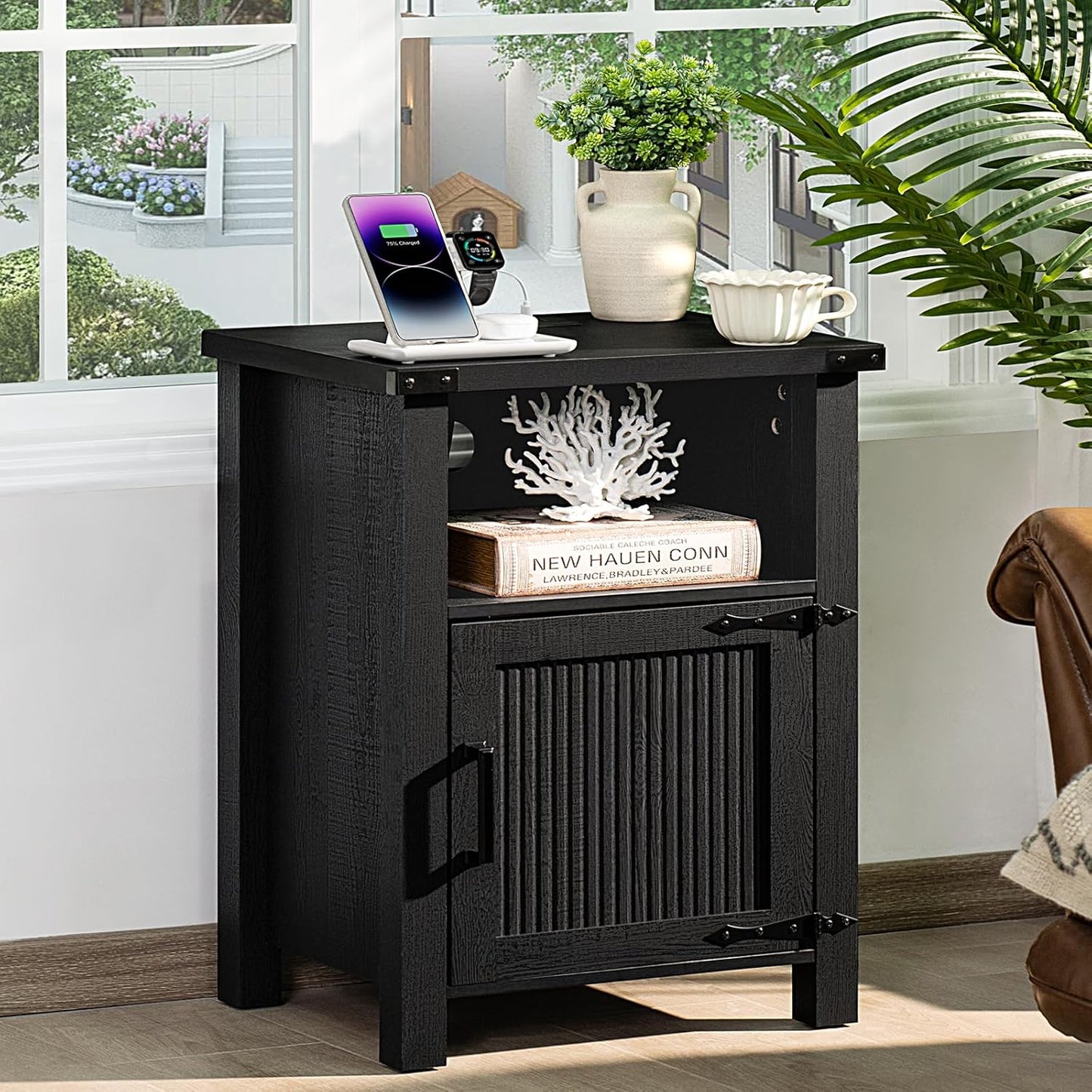 Joaxswe 18-Inch Nightstand with Charging Station and Fluted Door,Dark Blue | 18-inch bedside table with AC and USB charging, open storage and a magnetic fluted door for bedroom essentials