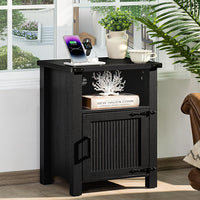 Joaxswe 18-Inch Nightstand with Charging Station and Fluted Door,Dark Blue | 18-inch bedside table with AC and USB charging, open storage and a magnetic fluted door for bedroom essentials