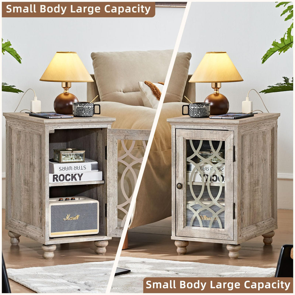 Grey wood nightstand with glass door and open internal storage shelves.