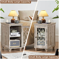 Grey wood nightstand with glass door and open internal storage shelves.