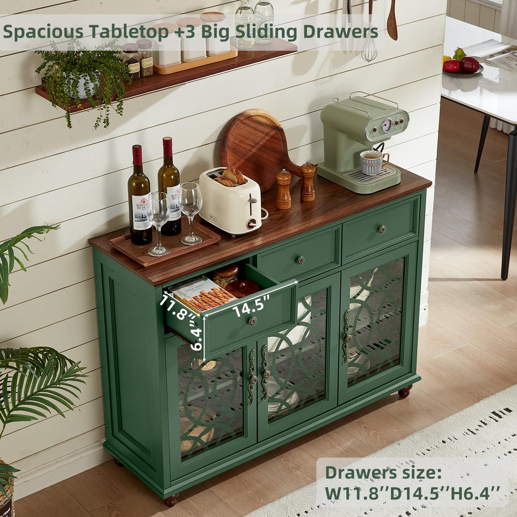 Green sideboard cabinet with three glass doors, drawers, and dark wood top