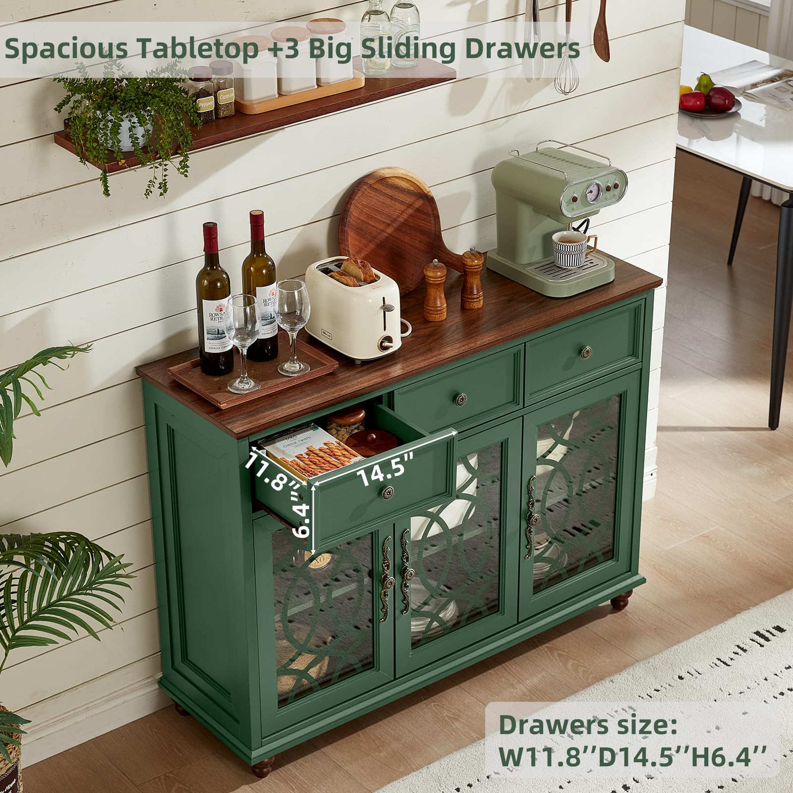 Green sideboard cabinet with three glass doors, drawers, and dark wood top