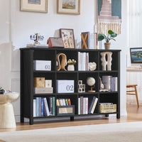 Low farmhouse bookcase with open shelves and display cubbies, dark finish, on legs