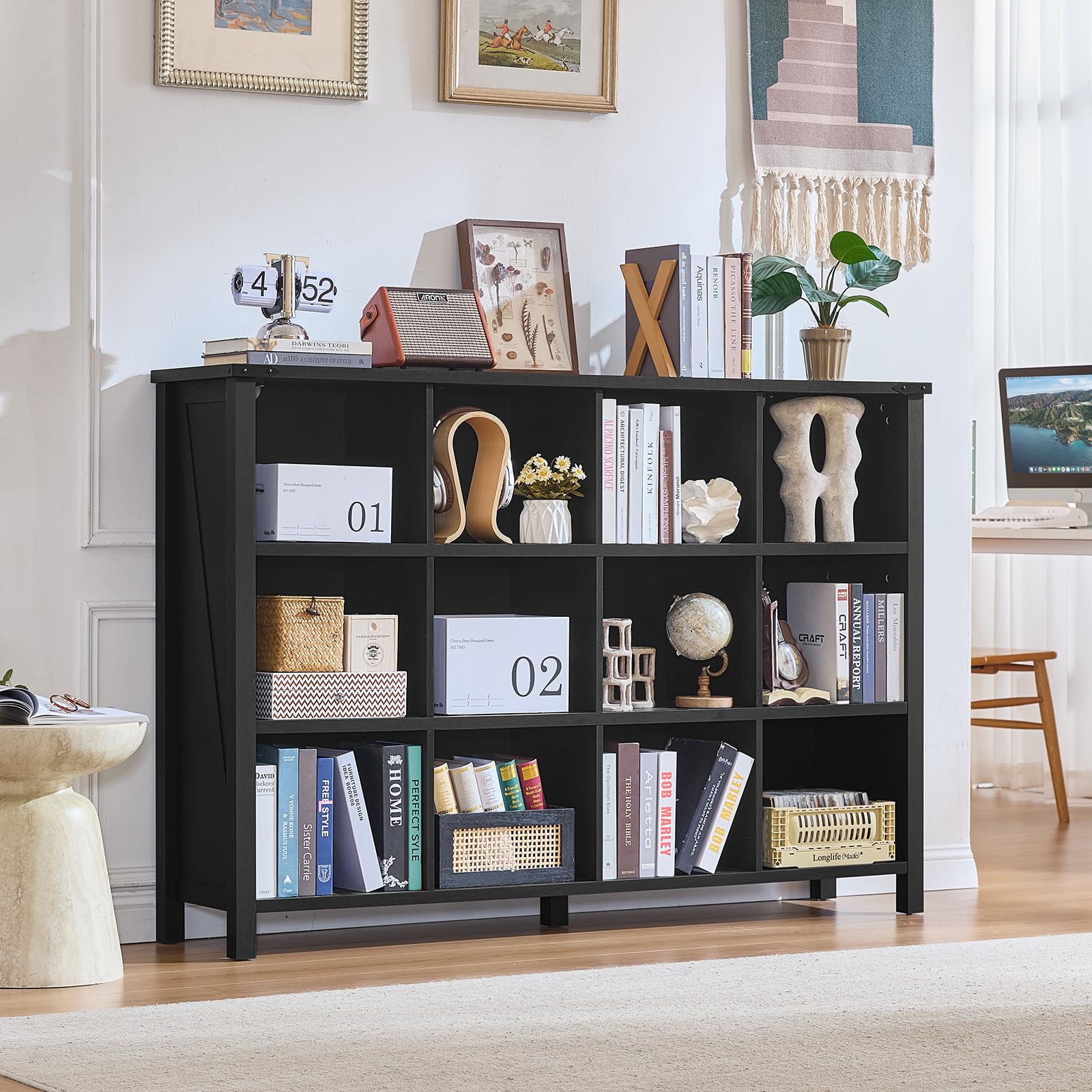 Low farmhouse bookcase with open shelves and display cubbies, dark finish, on legs