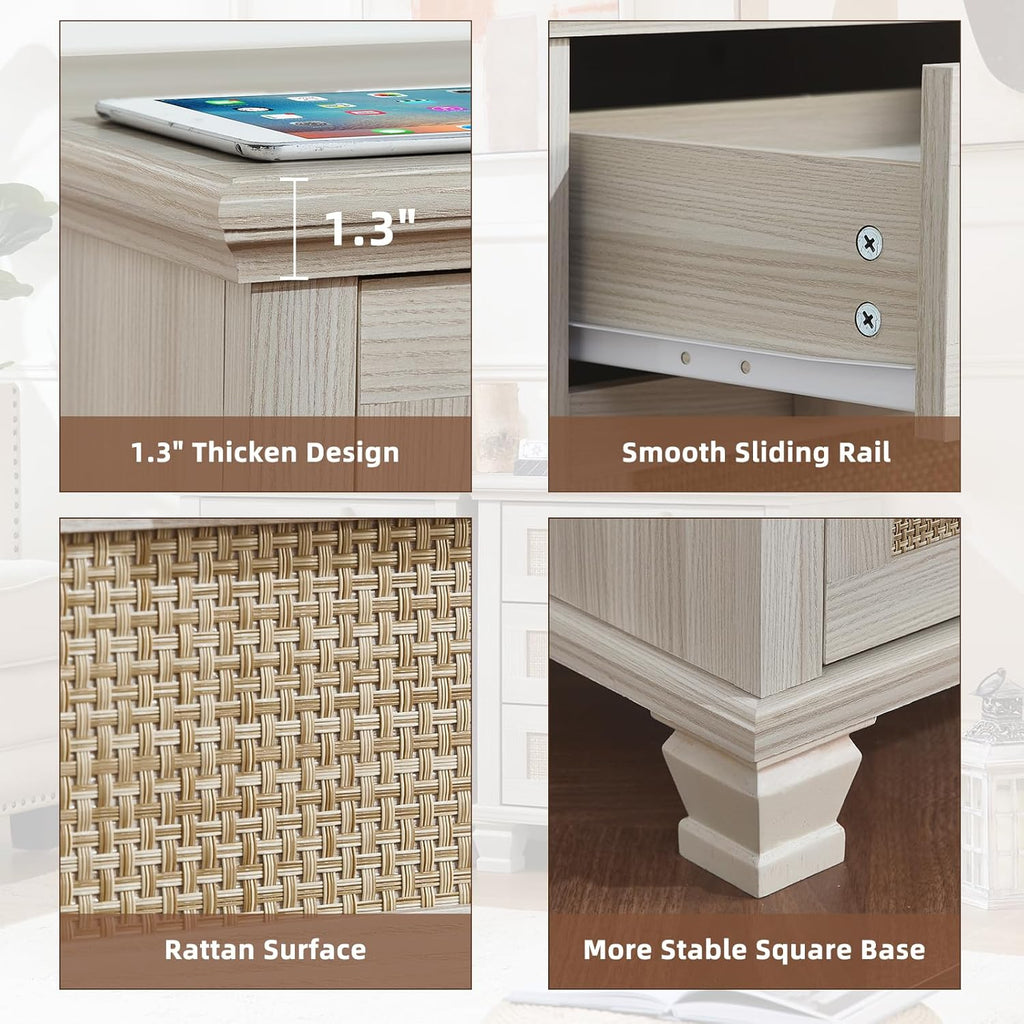 Bedside nightstand drawer detail with woven front and smooth sliding rail, square base