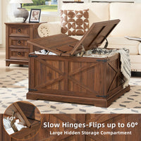 Brown wooden farmhouse coffee table with hidden storage and flip-top lid open