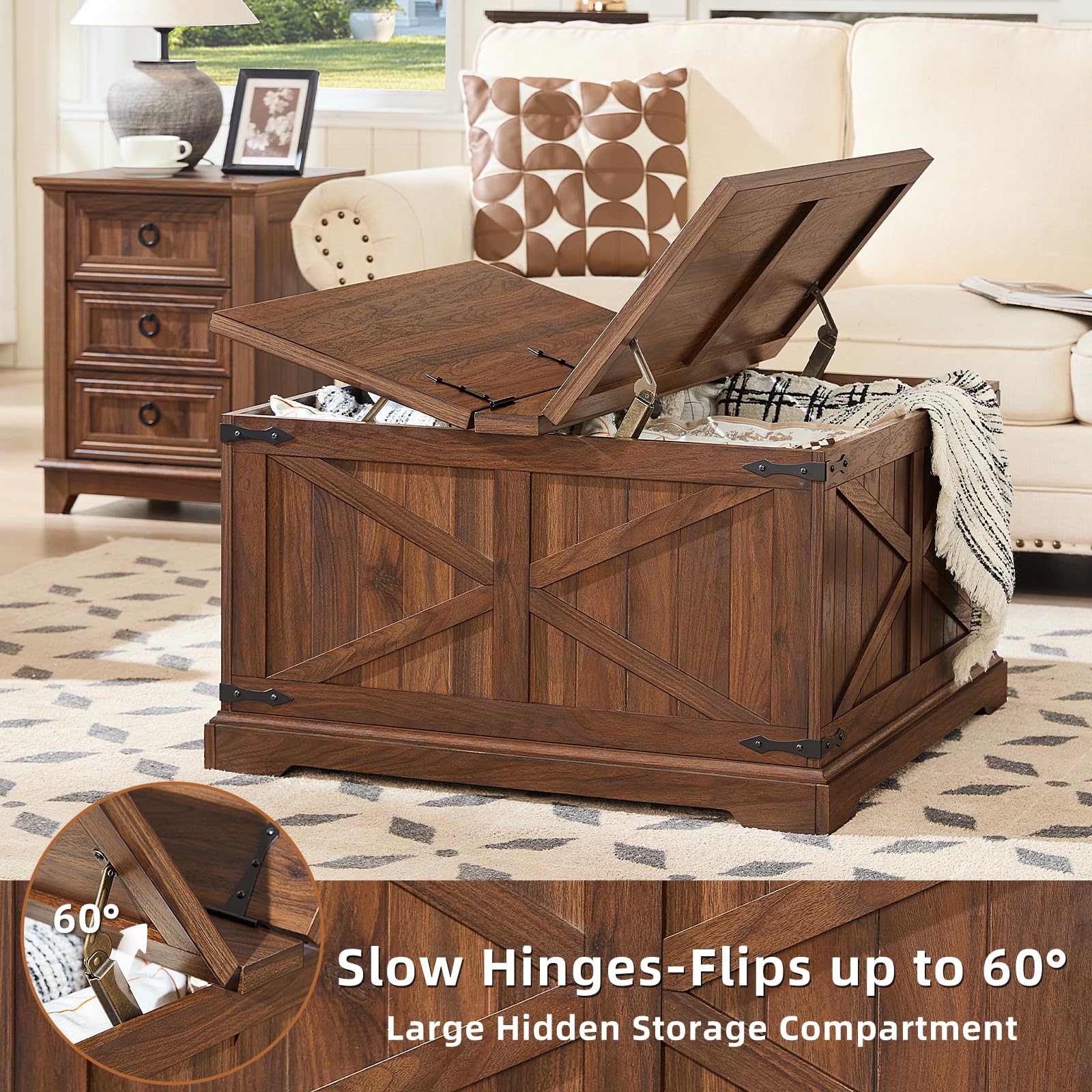 Brown square coffee table with hinged lift top open to reveal hidden storage compartment