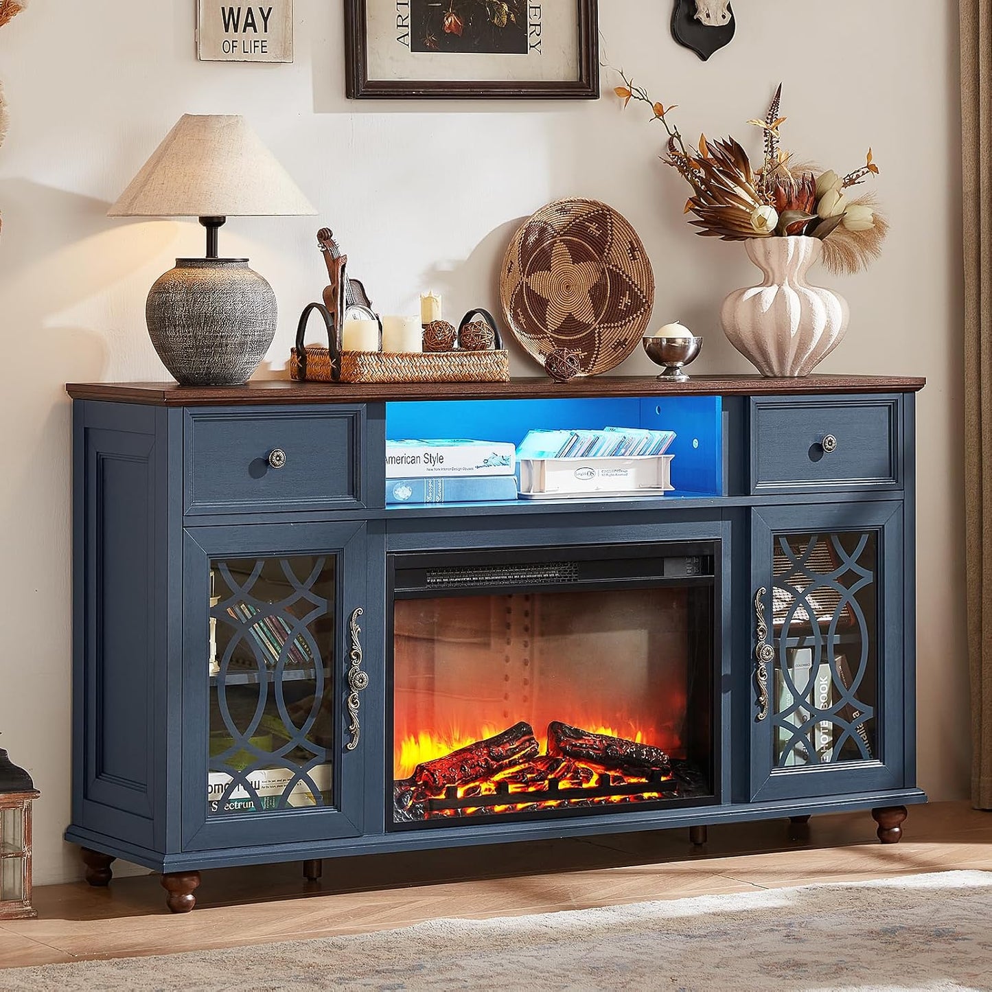 Joaxswe Farmhouse Fireplace TV Stand Sets 3,Side Table with Charger Station | 59" Fire Place TV Stands for Living Room, Entertainment Center Heater for TVs up to 65" with Open Shelves and Drawers, Blue