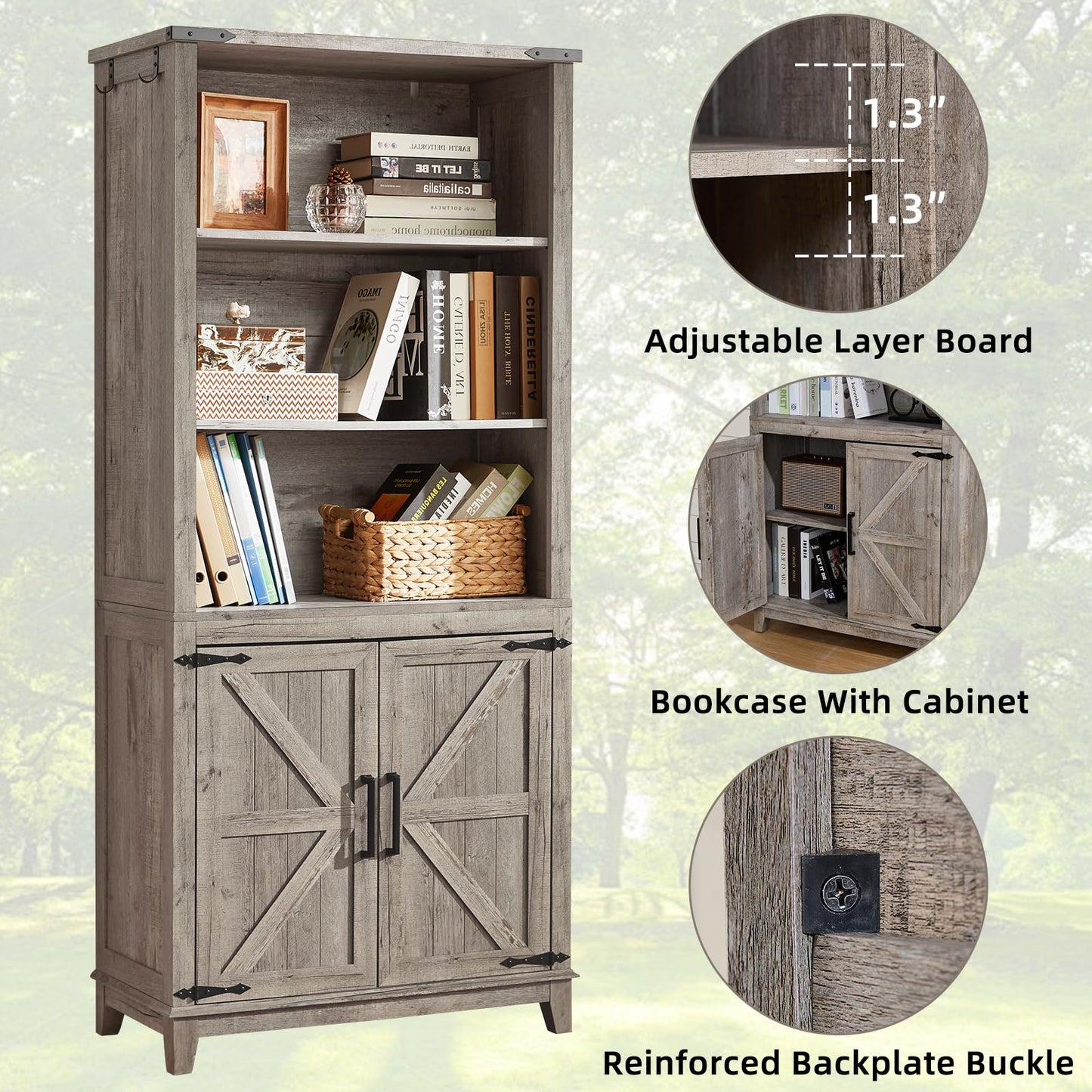 Joaxswe 70in Tall Bookshelf 5 Tier Bookcase with Barn Doors and Adjustable Shelves, Blue Farmhouse Book Shelf with Storage Cabinet, Wood Freestanding Display Bookshelves for Bedroom, Living Room
