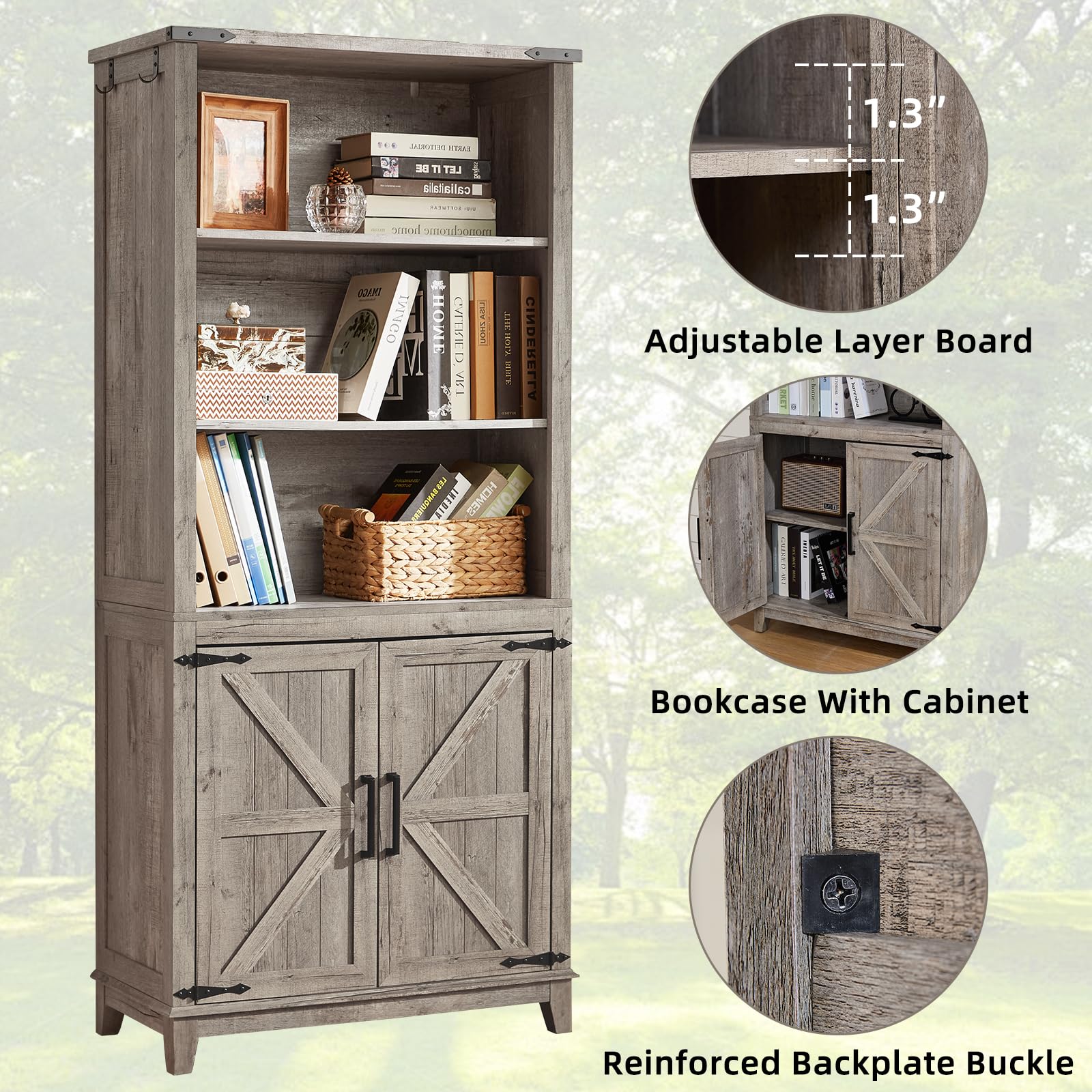 70in Tall Bookshelf 5 Tier Bookcase with Barn Doors and Adjustable Shelves, Blue Farmhouse Book Shelf with Storage Cabinet, Wood Freestanding Display Bookshelves for Bedroom, Living Room | Bookcase, Barn Doors, Adjustable Shelves, Book Shelf, Storage Cabi