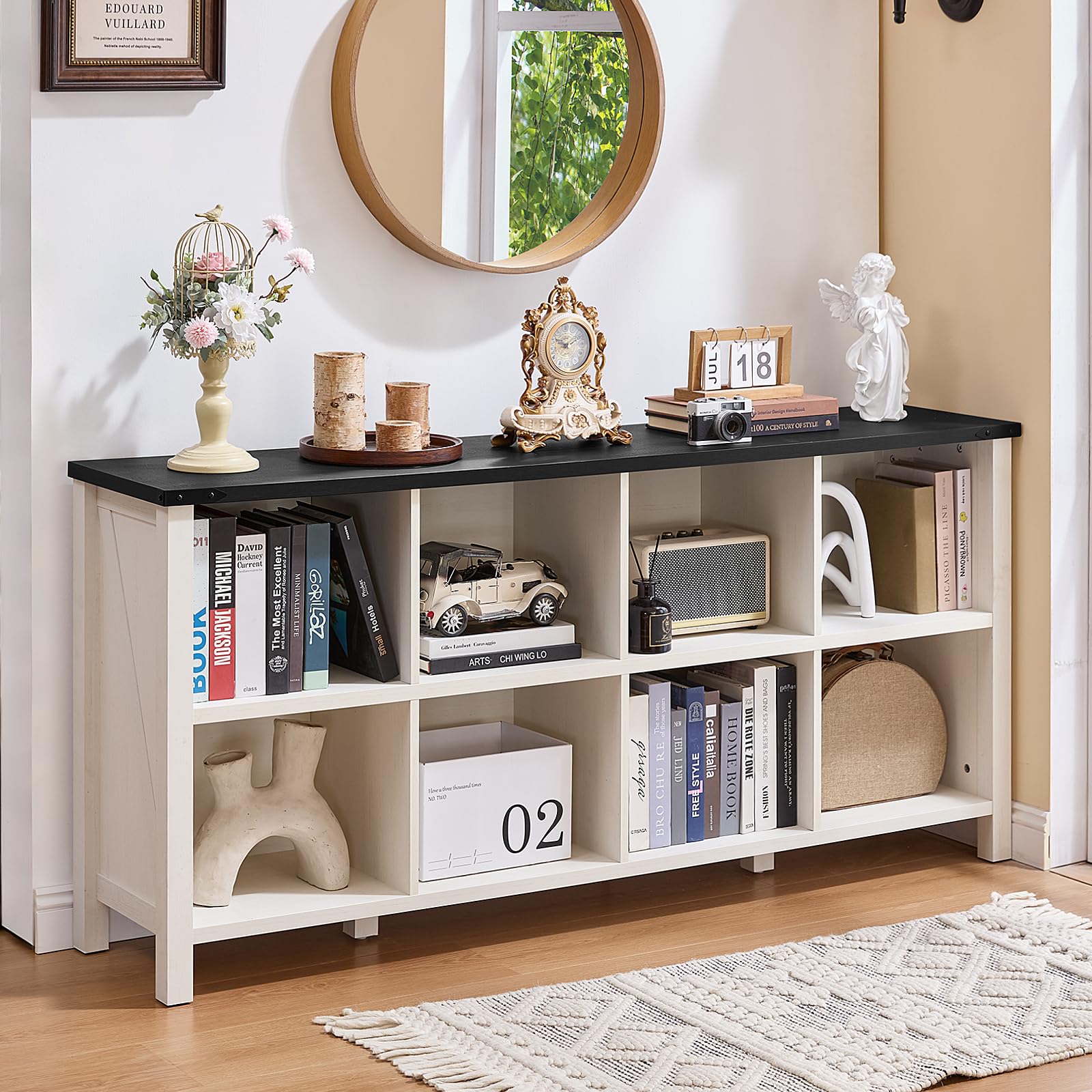 White low farmhouse bookshelf with open cubbies, decorative display top, and legs