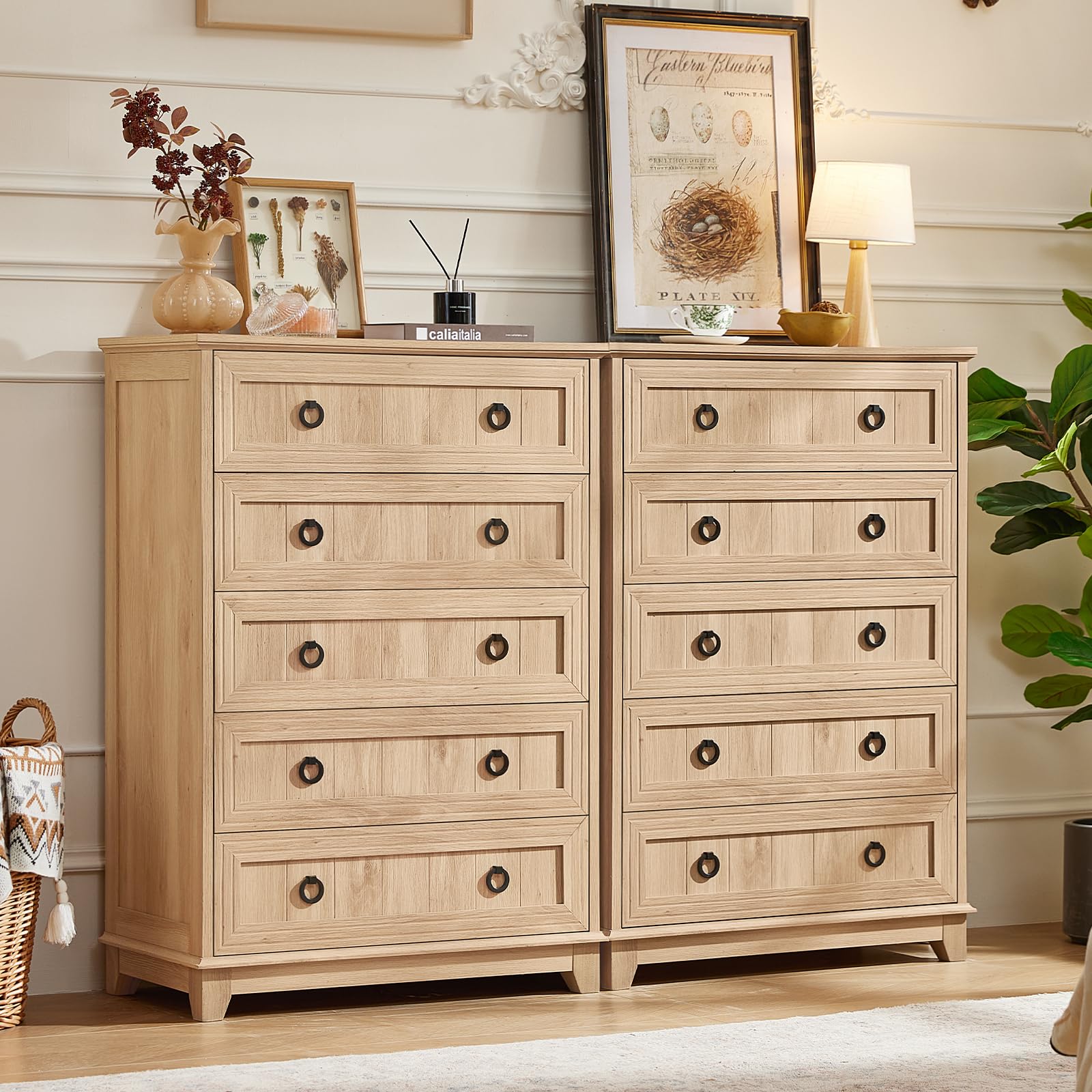 Farmhouse 5-drawer dresser with metal ring pulls, light natural wood finish