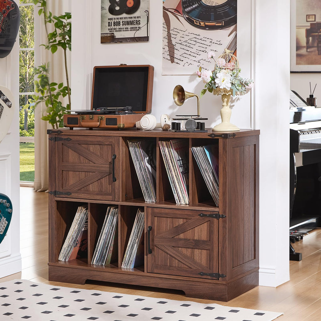 Wood record player cabinet with open vinyl shelves and barn-door style cabinet doors.