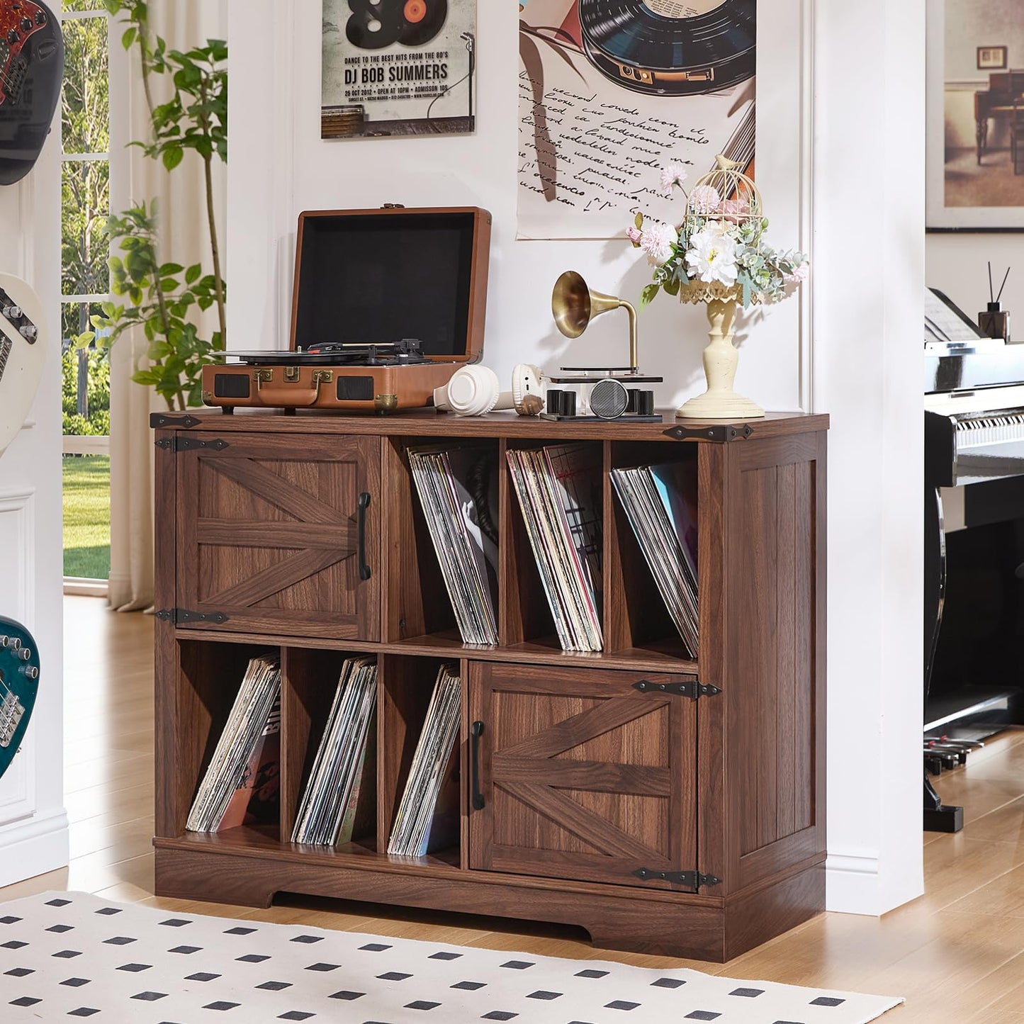 Brown walnut record player cabinet with turntable top and vinyl record storage shelves