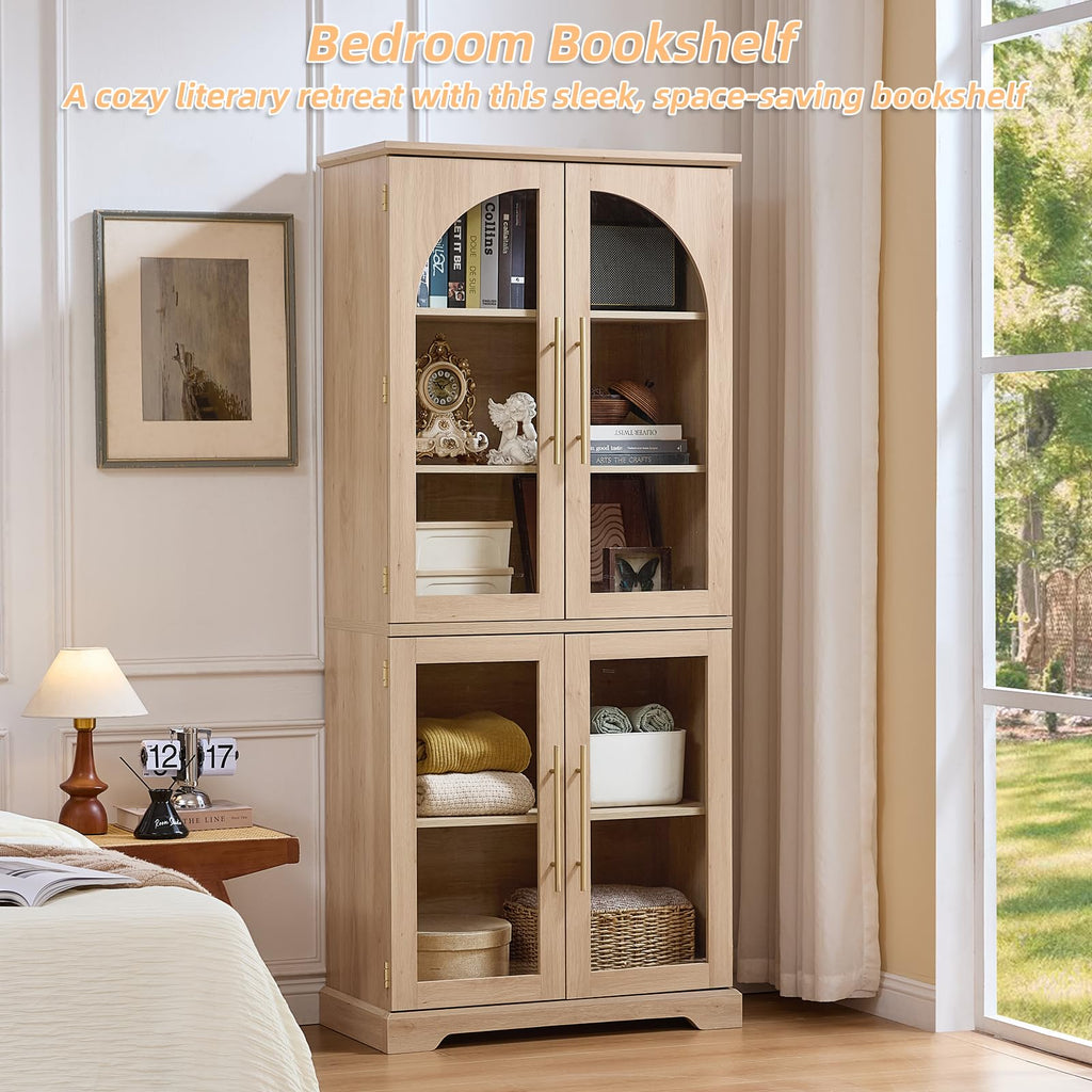 Light wood tall bookshelf cabinet with glass doors and adjustable shelves, open compartments