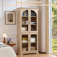 Light wood tall bookshelf cabinet with glass doors and adjustable shelves, open compartments