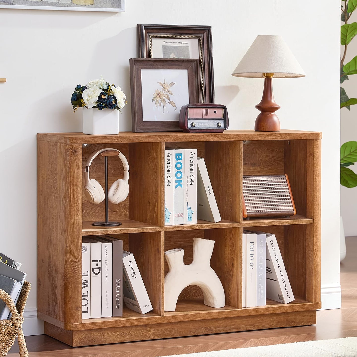 8-cube storage book shelf with curved edge, light brown wooden cubby bookcase