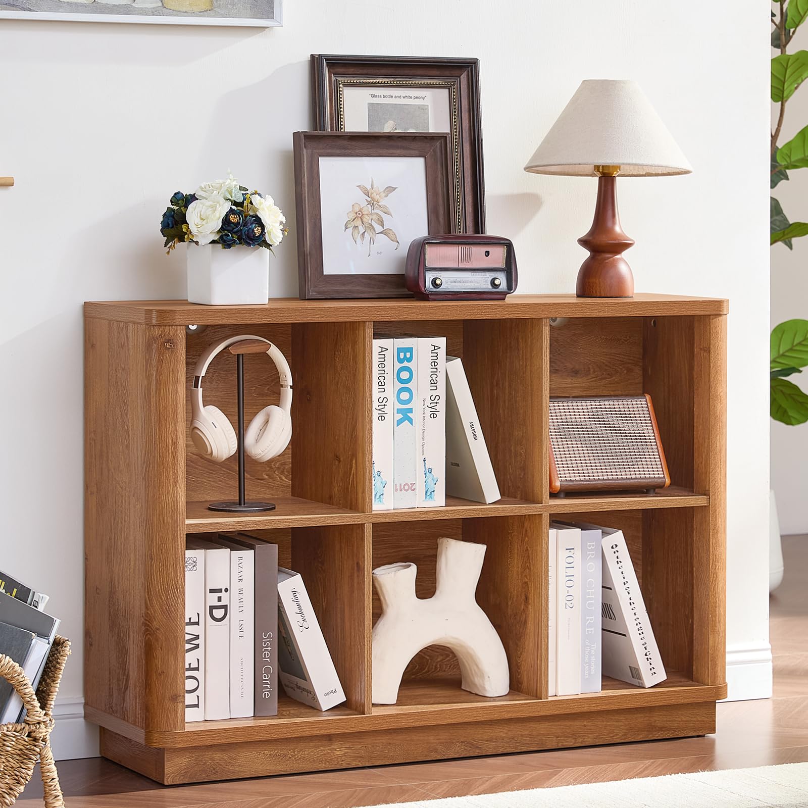 8 Cube Storage Book Shelf, 52" Long Horizontal Bookshelf with Curved Edge, Floor Standing Wooden Cubby Bookcase with Base, Modern Low Console Book Case, TV Stand for Living Room, Natural Oak
