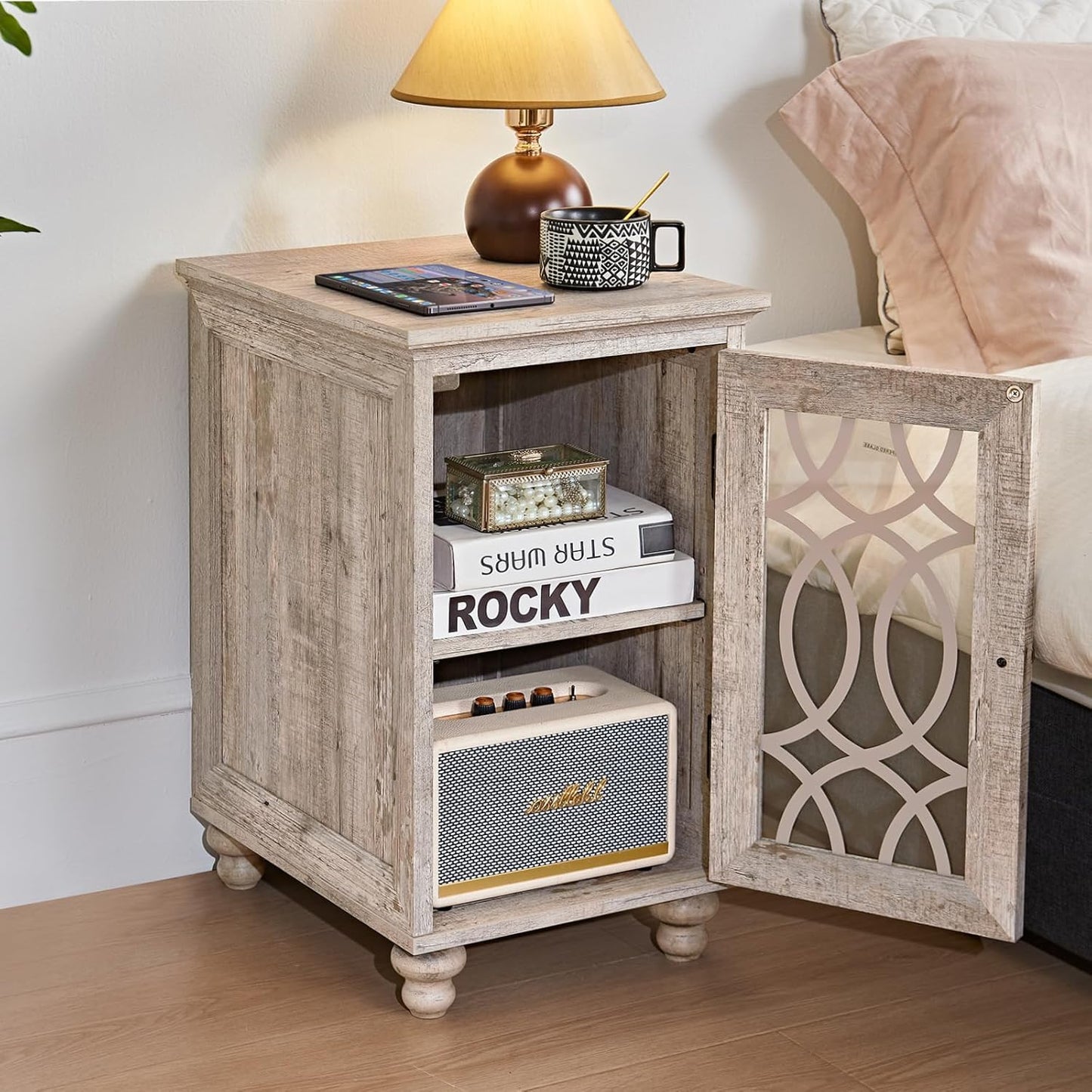 Narrow Side Table with Charging Station, Night Stand with Glass Door, Bedside End Tables with Adjustable Shelf Storage Cabinet,Wood Nightstand for Small Spaces Living Room Bedroom