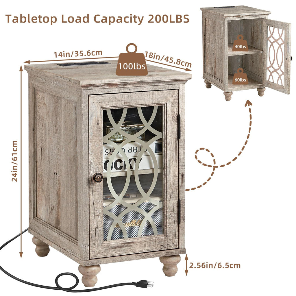 Grey wood nightstand with glass door and power cord, shown from the side.