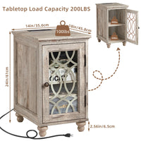 Grey wood nightstand with glass door and power cord, shown from the side.