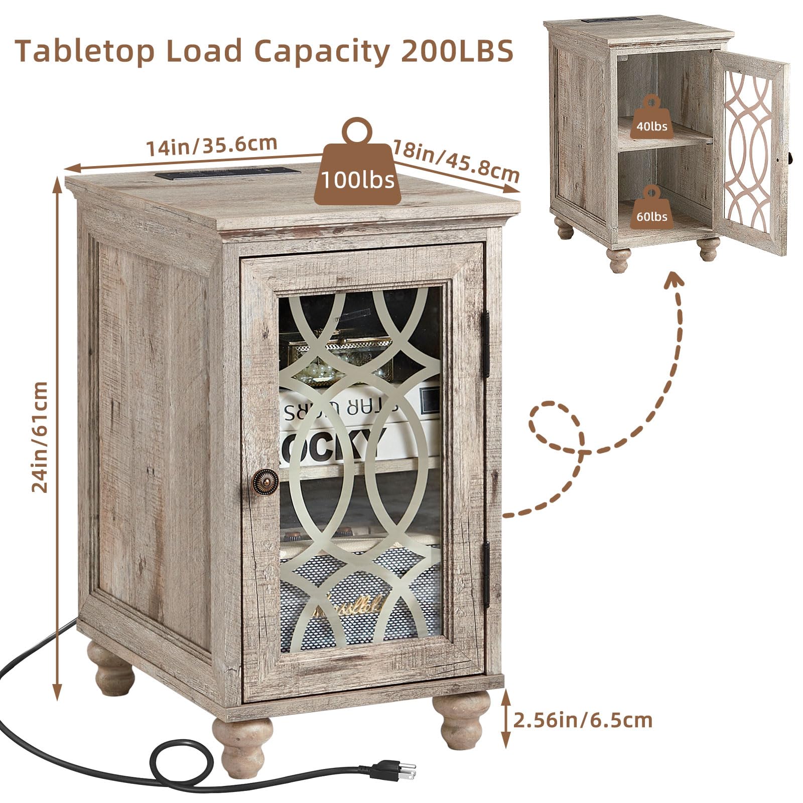 Grey wood nightstand with glass door and power cord, shown from the side.